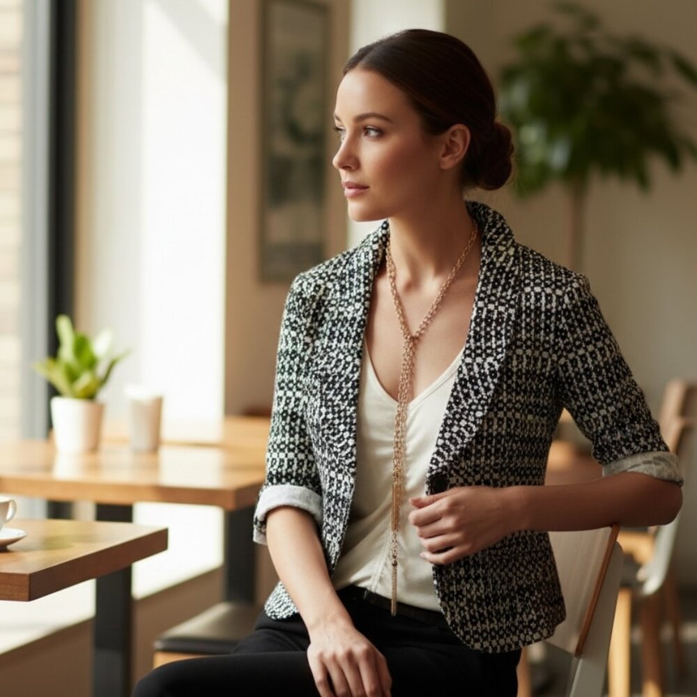 CAbi‎ Du Jour Style #298 Blazer Sz 4 Black White Cotton 266D